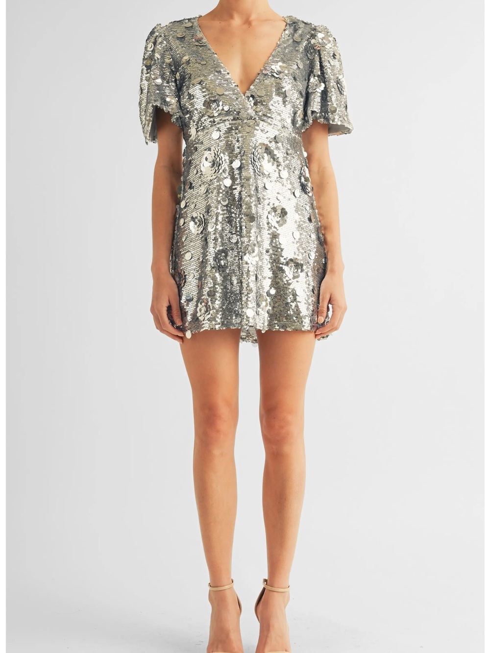 Arose Studio Luna Silver Sequin Mini Dress L Petite NWT